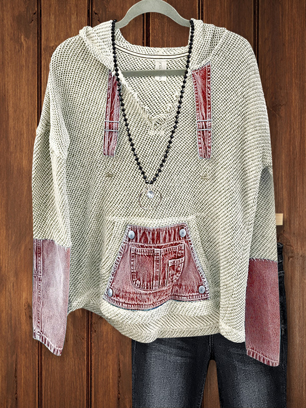 Casual Denim Patchwork Knitted Hoodie